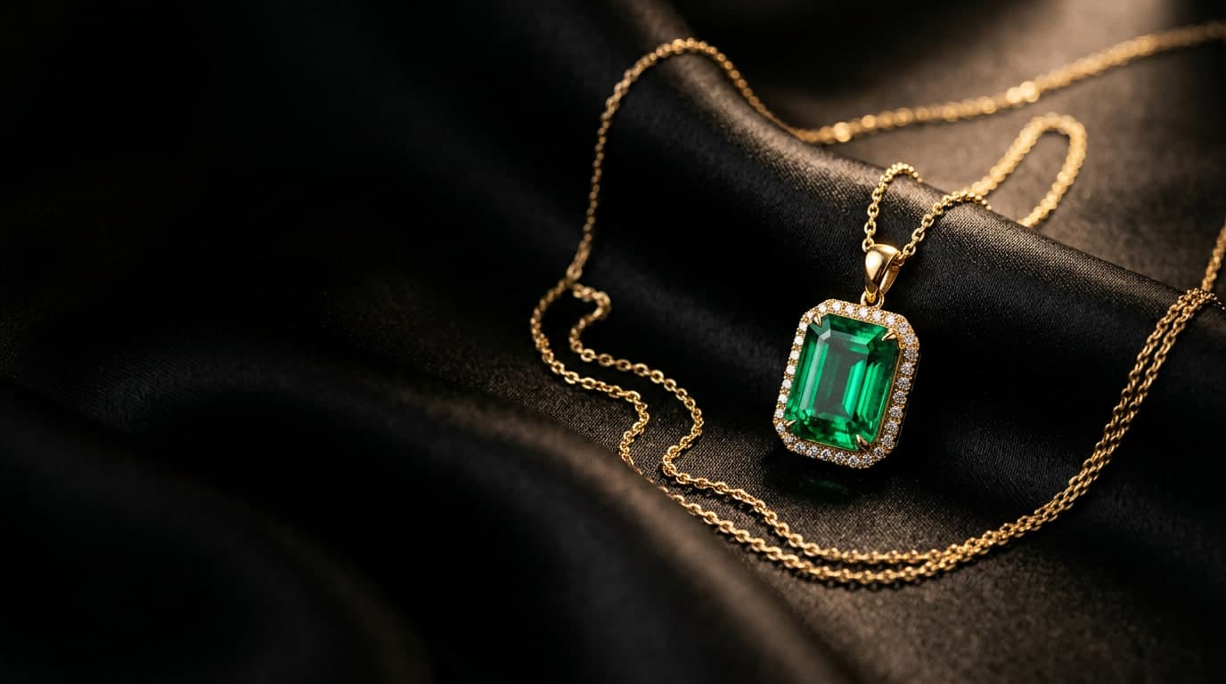 An emerald-cut green pendant framed in diamonds, its gold chain pooled across black silk