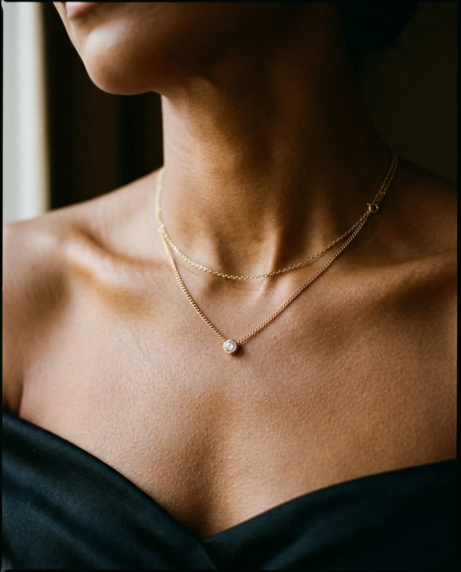 Layered fine gold chains at the collarbone