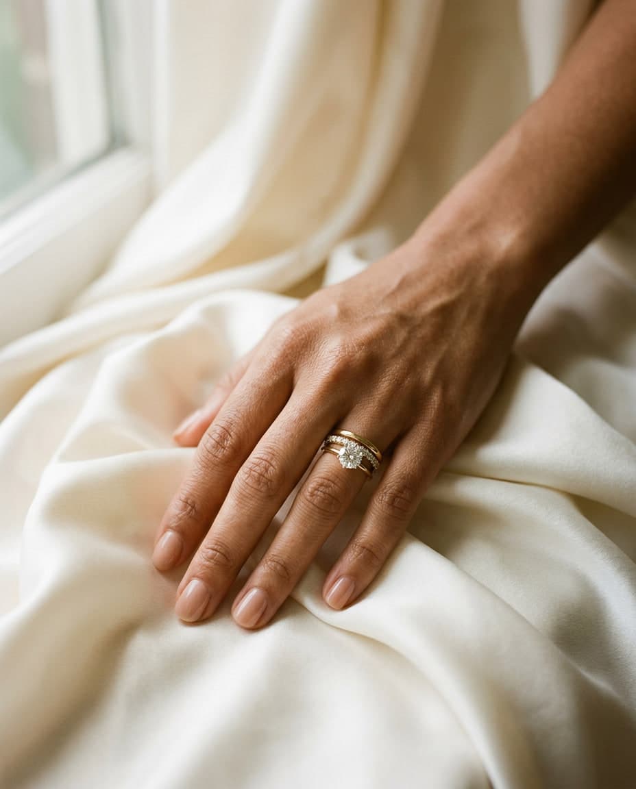 A hand on ivory silk wearing three stacked gold rings