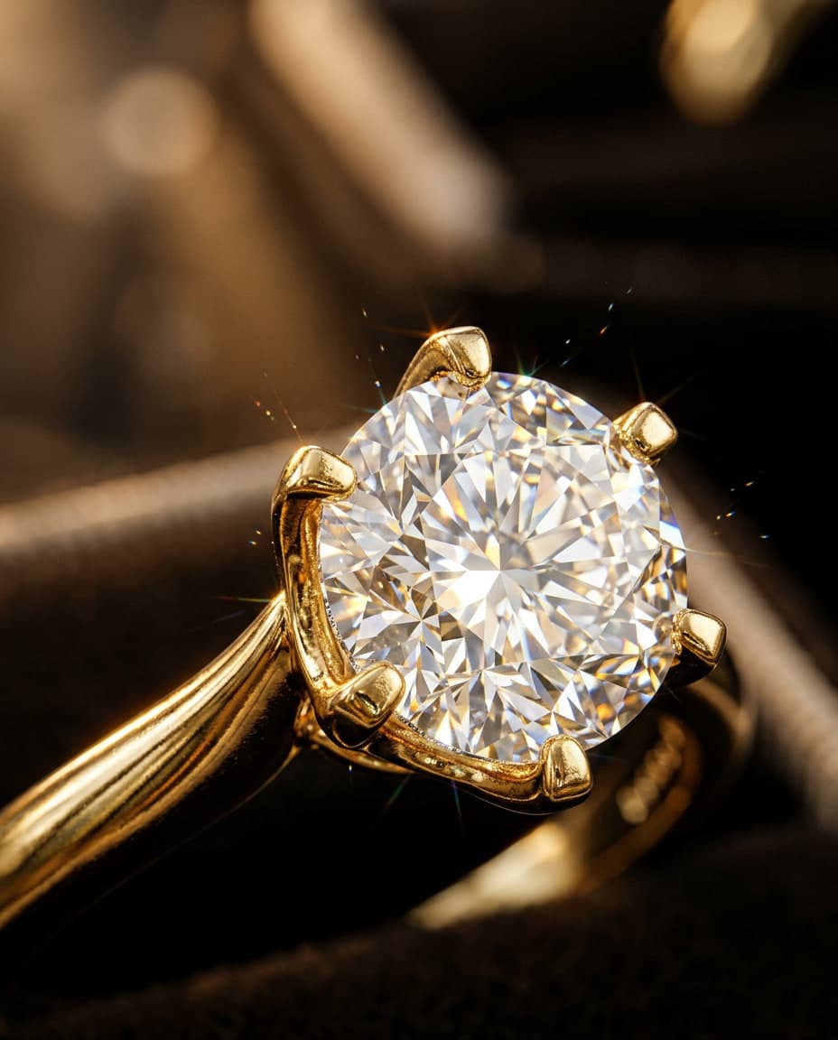 A round diamond held in six gold claws