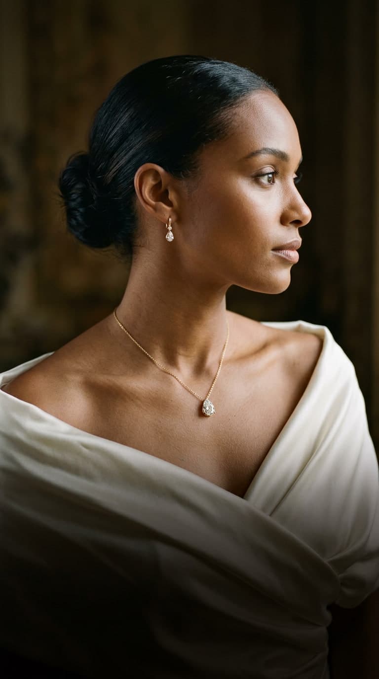 A woman in profile wearing a pear-shaped diamond pendant, ivory silk at her shoulders