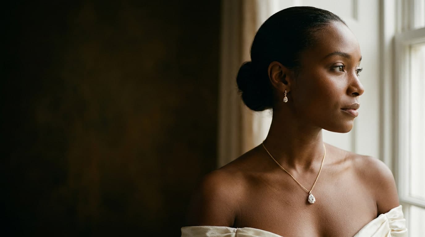 A woman in profile by a window, wearing a pear-shaped diamond pendant